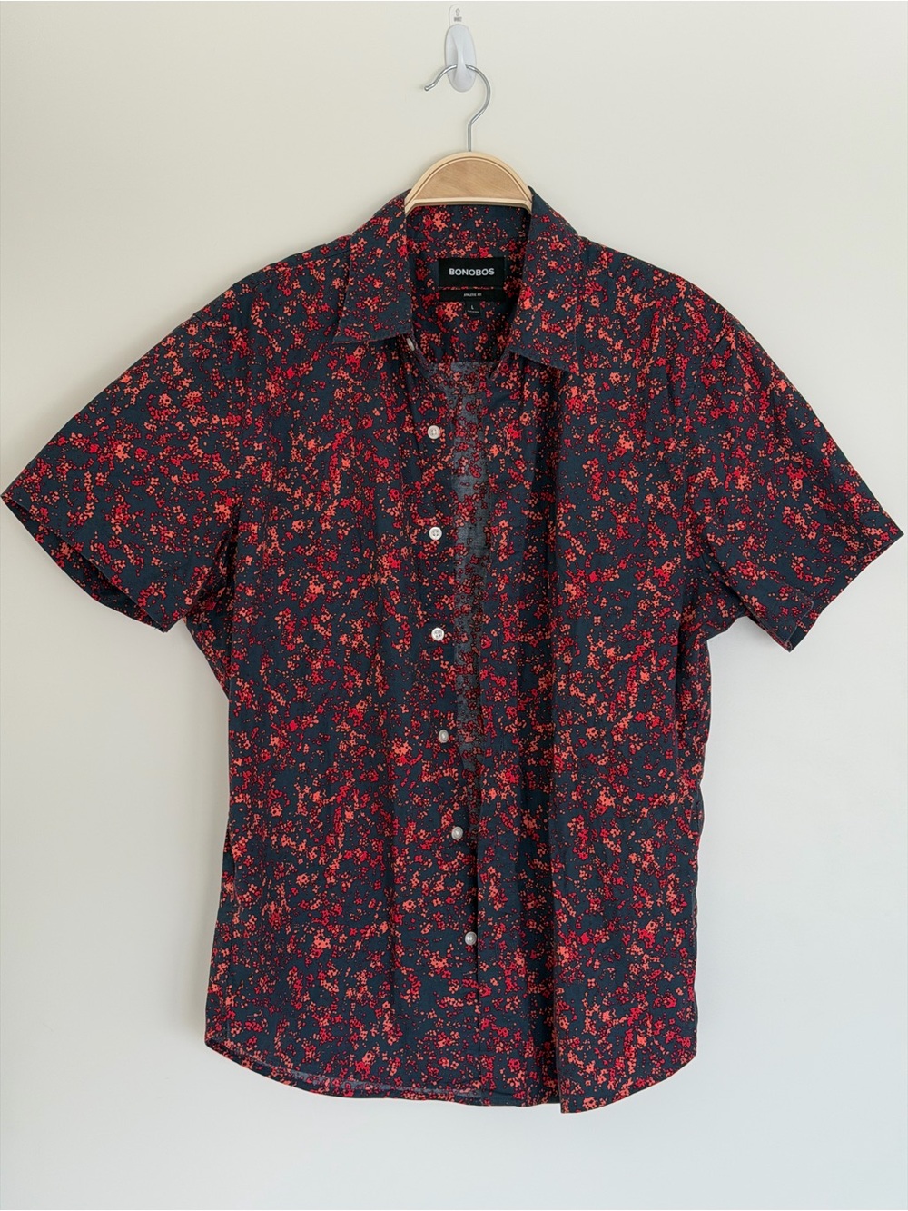 Bonobos Navy Short Sleeve Button-Down Shirt with Red Floral Print